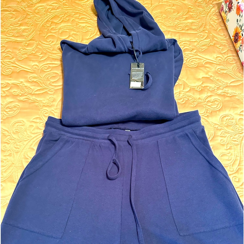 BEAUTIFUL WOMENS 1X BOUTIQUE SWEATSUIT! BLUE IN COLOR. TOP HAS HOODIE